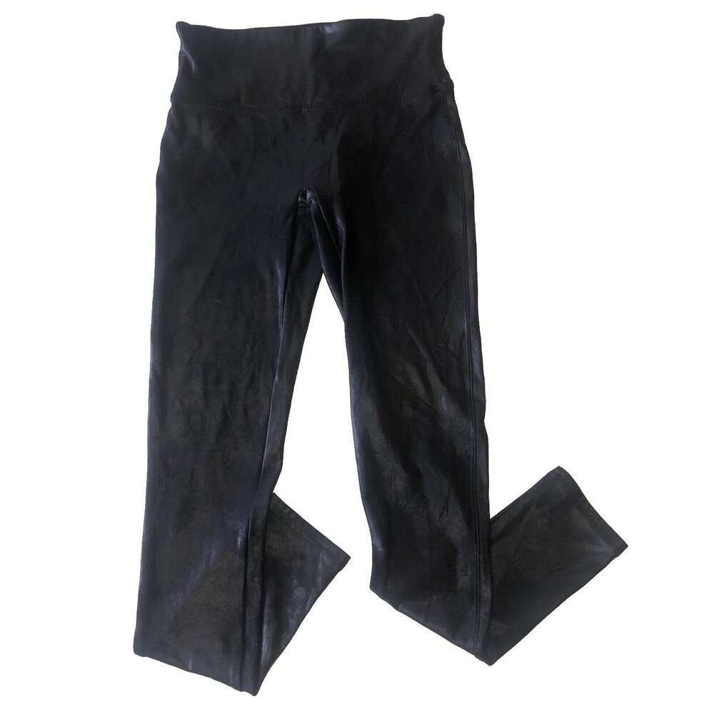 Spanx Leggings Black Faux Leather Metallic Stretch Pants Skinny Medium Petite